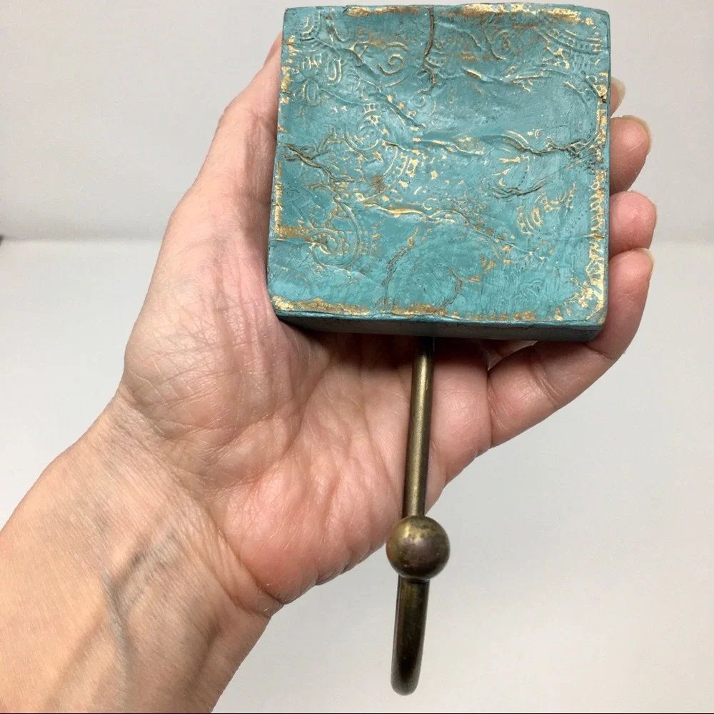 Pair of Victorian Inspired Square Turquoise Gold Paisley and Skeleton Key Hooks